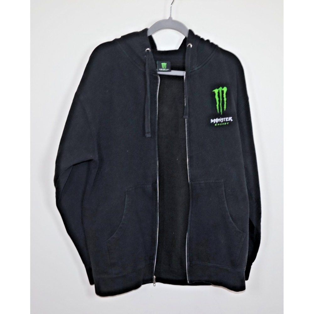 Monster Energy Drink Hoodie Size Large Black Hooded Zip Up Y2K Sweatshirt